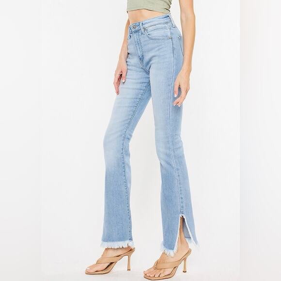 KanCan Flare Curvy High Rise Slit Frayed Hem Jean Light Wash Sz 28 Boho Western - Picture 1 of 13
